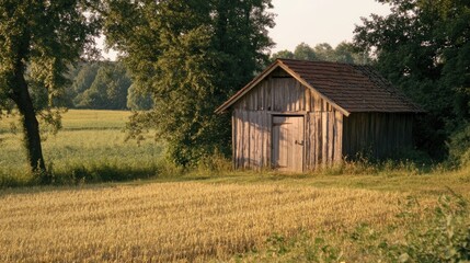 Rustic wooden farm shed nestled in lush agricultural fields with golden wheat, framed by green trees under a warm sunlight.