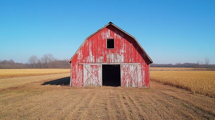 Obraz premium Rustic Charm: A weathered red barn stands in a sun-drenched field, a testament to time's passage and agricultural heritage.