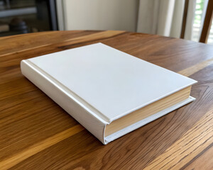 Fototapeta premium hardcover book with blank white dust jacket resting on wooden table, showcasing its minimalist design and elegant simplicity