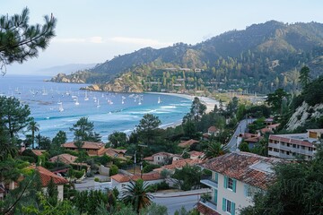 Naklejka premium Breathtaking coastal view of boats and landscape california beach scenic photography serene environment aerial perspective nature beauty