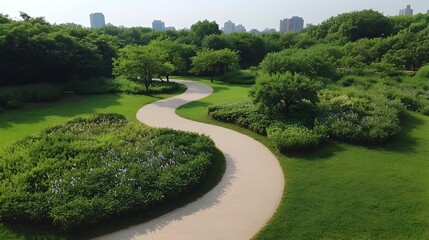 Naklejka premium Eco-Friendly Urban Park A Carbon-Negative Oasis with Lush Greenery Inviting Pathways and Clean Air for Sustainable Living - Embracing Nature and Modern Design
