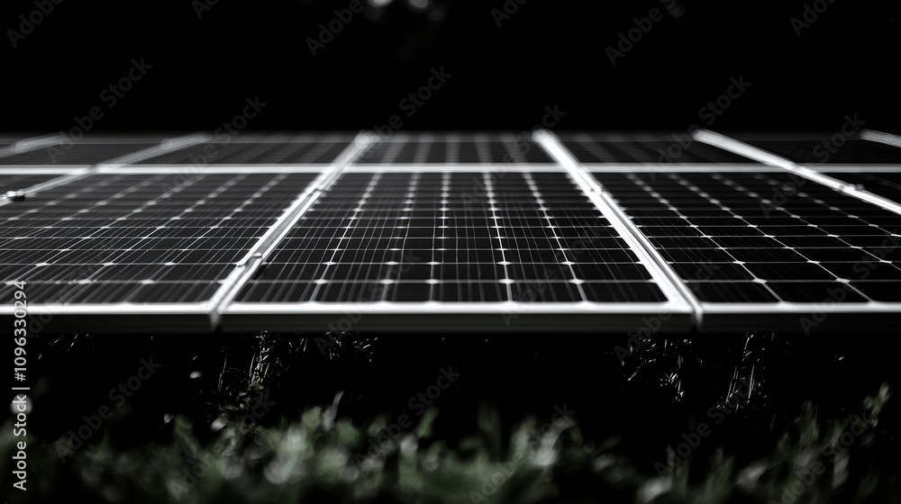 Poster a low angle view of a solar panel array. the panels are arranged in rows, with a blurred background 