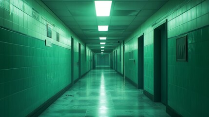 Fototapeta premium A long, empty hospital corridor with green tiled walls and fluorescent lights.