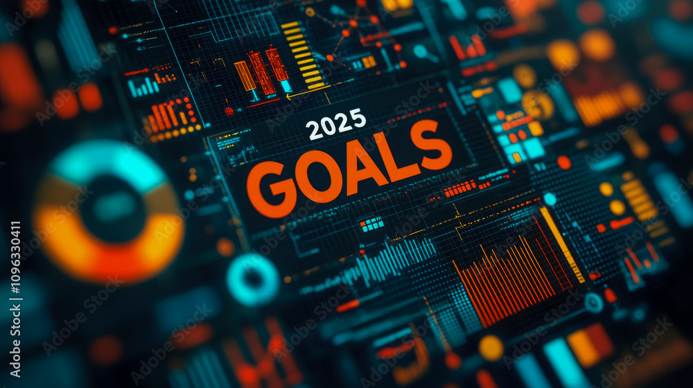 Poster a digital display showcases a bold message about goals for 2025, featuring vibrant graphs and statis