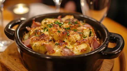Fototapeta premium Delicious au gratin dish with tender Jerusalem artichokes, savory ham, and a touch of chili spice, beautifully presented in a black baking dish.