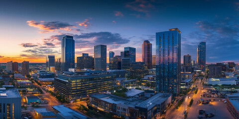 Modern City Skyline with CBD Office Buildings at Sunset, Drone View