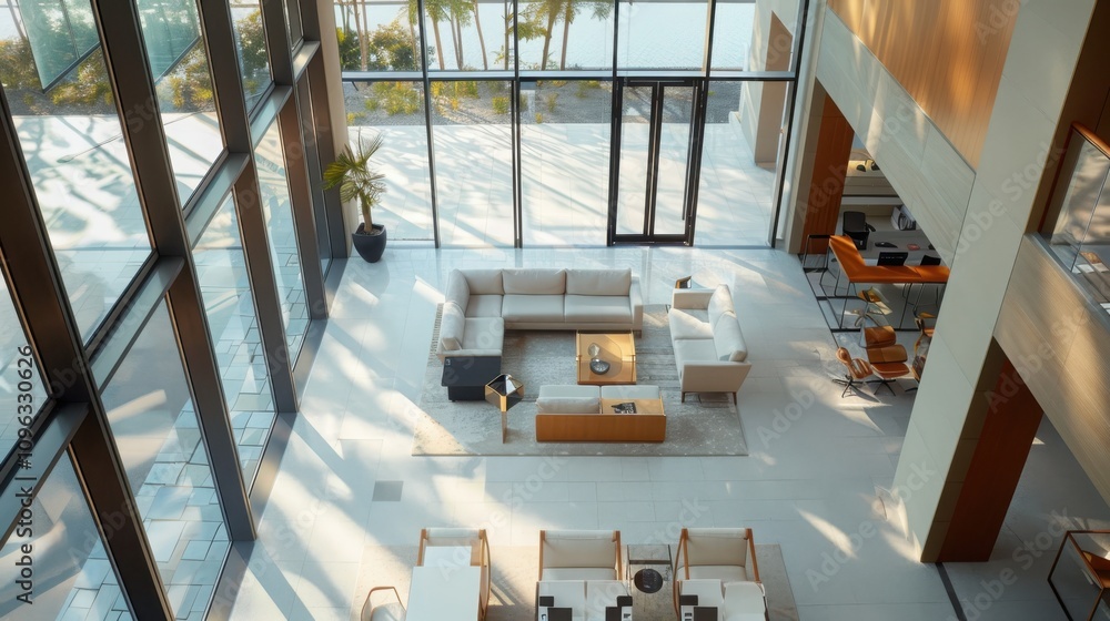 Poster exploring modern workspaces topdown view of an open-plan office with geometric lighting and large wi