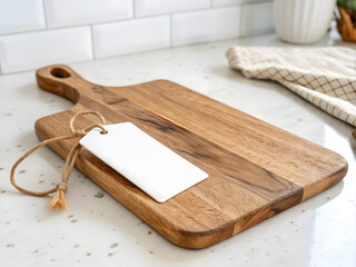 Fototapeta premium wooden cutting board with blank tag tied to handle, perfect for kitchen use. natural grain adds warmth to any culinary space