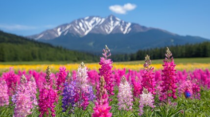 Obraz premium Vibrant Wildflower Field with Colorful Lupines in the Foreground and Majestic Snow-Capped Mountain Range Under Clear Blue Sky