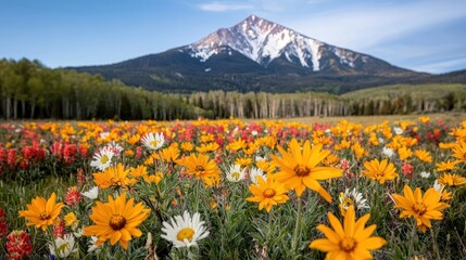 Fototapeta premium Vibrant Wildflower Field with Majestic Mountain Background Under Clear Blue Sky During Spring Season in Nature's Breathtaking Landscape