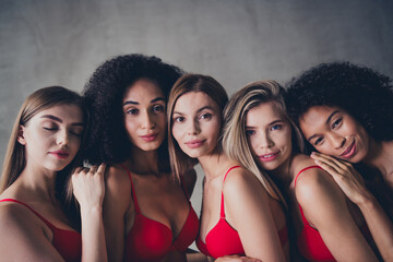 Fototapeta premium Photo of five pretty lovely model women smile cuddle enjoy selves wear red lingerie grey wall studio background
