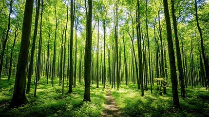 Obraz premium Lush green forest with tall trees and a winding path illuminated by sunlight.