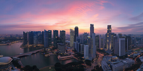 Fototapeta premium Modern City Skyline with CBD Office Buildings at Sunset, Drone View