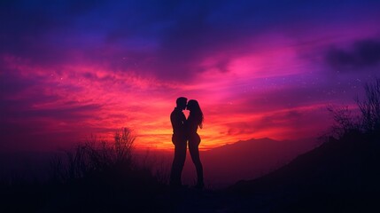 Fototapeta premium A couple is kissing in the sky at sunset