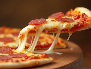 Mouthwatering close-up of a fresh, hot pizza slice with melted cheese and pepperoni toppings