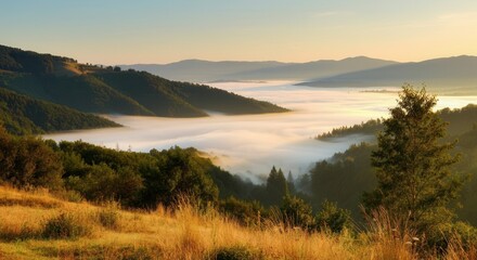 Golden sunrise misty hills valleys
