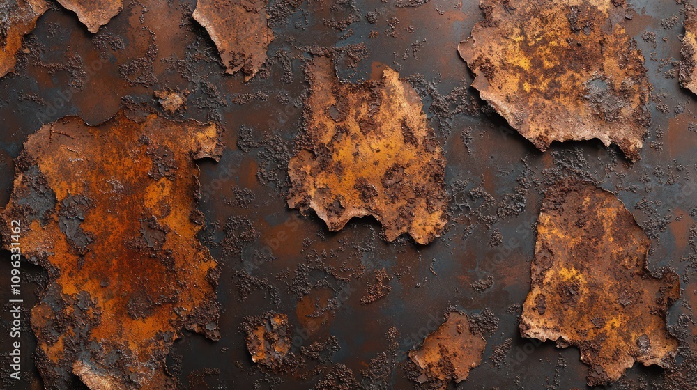 Poster textured background of rusty metal, covered with dark brown and reddish hues, with large patches of 