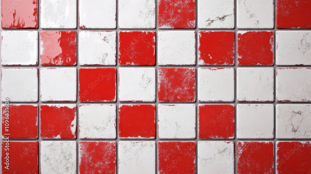 Poster a close-up of a weathered red and white tiled surface featuring a classic checkered pattern.