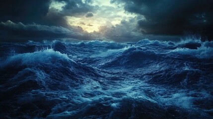 Dynamic ocean waves crashing intensely beneath a dramatic twilight sky, showcasing deep blues and moody cloud formations.