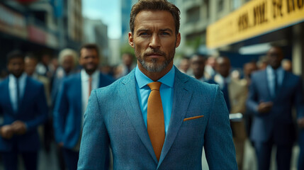 A well-dressed man stands confidently in a tailored blue suit, leading a group of professionals in suits through a bustling city street