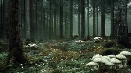 Obraz premium A misty forest with tall trees and white mushrooms on the forest floor.