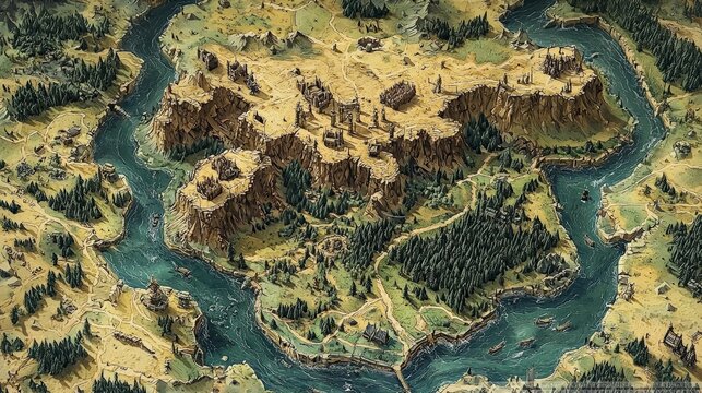 A picturesque fantasy island features an elaborate river path surrounding its rugged cliffs and dense forest, evoking mystery and adventure in a mythical setting.