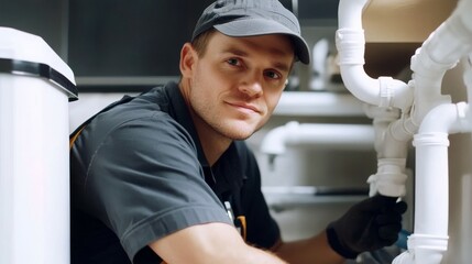Young plumber wearing a working uniform and a cap, kneeling down in the bathroom to fix or repair the white pipes