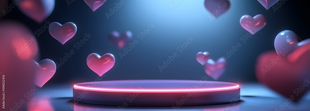 Poster a futuristic podium with soft, glowing light edges and a translucent surface, surrounded by floating