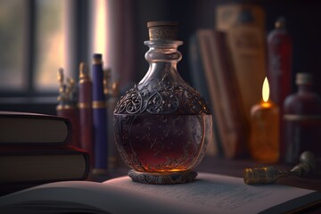 Glass bottle with red liquid. Magical alchemy potion