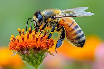 Fototapeta premium A close-up of a honeybee delicately collecting nectar from vibrant orange flowers, showcasing its detailed features and fuzzy body against a blurred green background.