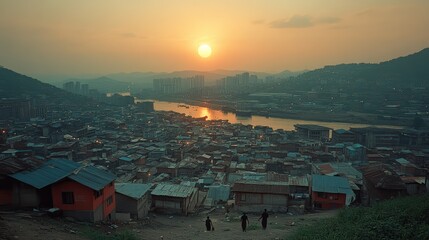 Fototapeta premium A panoramic view of a city with a river and mountains in the background. The sun is setting, casting a warm glow over the scene. Three people are walking on a path in the foreground.