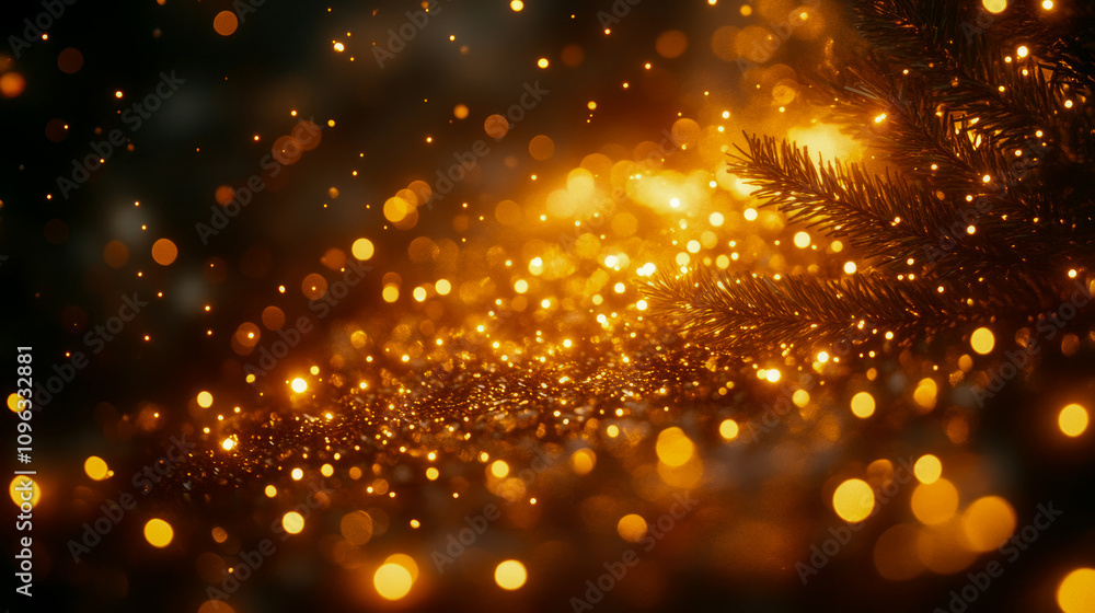 Poster A wonderful display of golden sparkles fills the air, creating a magical ambiance near evergreen branches in a festive setting