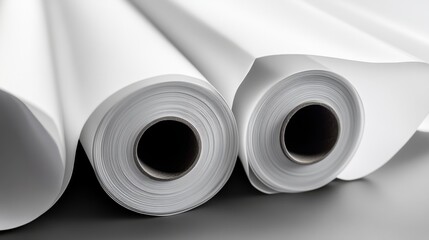 Fototapeta premium Two rolls of pristine white paper showcasing their smooth surfaces and neat rolls, perfect for any artistic project.