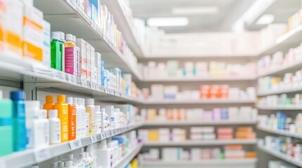 A blurred pharmacy drugstore with shelves stocked full of colorful medicine bottles and healthcare products, soft white lighting creating a clean, clinical atmosphere.