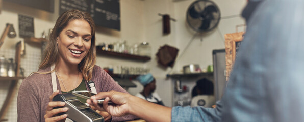Payment, cafe and card machine with cashier, sale and customer with technology and smile. Mobile...