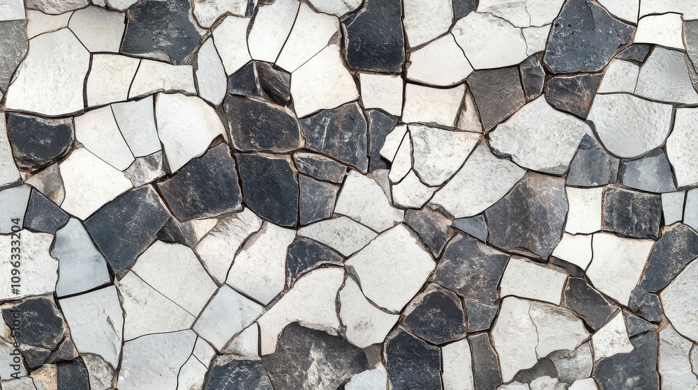 Poster textured mosaic wall featuring a mix of white and dark stones, creating a unique visual pattern.