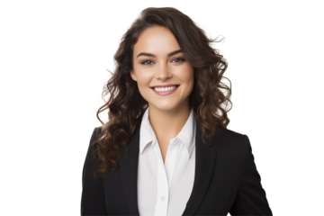 Smiling white business women in suits on transparent background. Women in business attire. Rich women. Business manager. Startup boss. European women. White woman. American woman. Isolated image. Png.