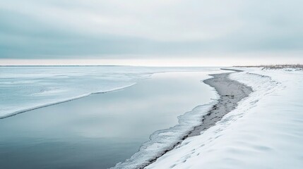 Fototapeta premium Frozen coastline with partially iced water meeting a snowy beach under a vast, pale, overcast winter sky emphasizing isolation.