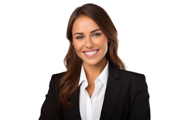 Smiling white business women in suits on transparent background. Women in business attire. Rich women. Business manager. Startup boss. European women. White woman. American woman. Isolated image. Png.