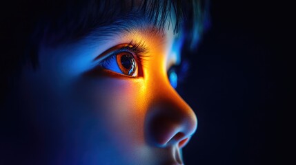 Close-up portrait of a young Asian male with captivating eyes, featuring vibrant lighting that emphasizes his charming expression, ideal for child-focused advertisements.