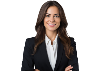 Smiling white business women in suits on transparent background. Women in business attire. Rich women. Business manager. Startup boss. European women. White woman. American woman. Isolated image. Png.