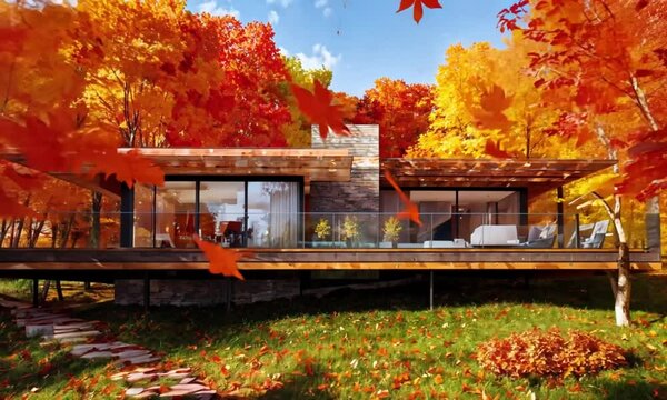 a contemporary home nestled within an autumnal forest