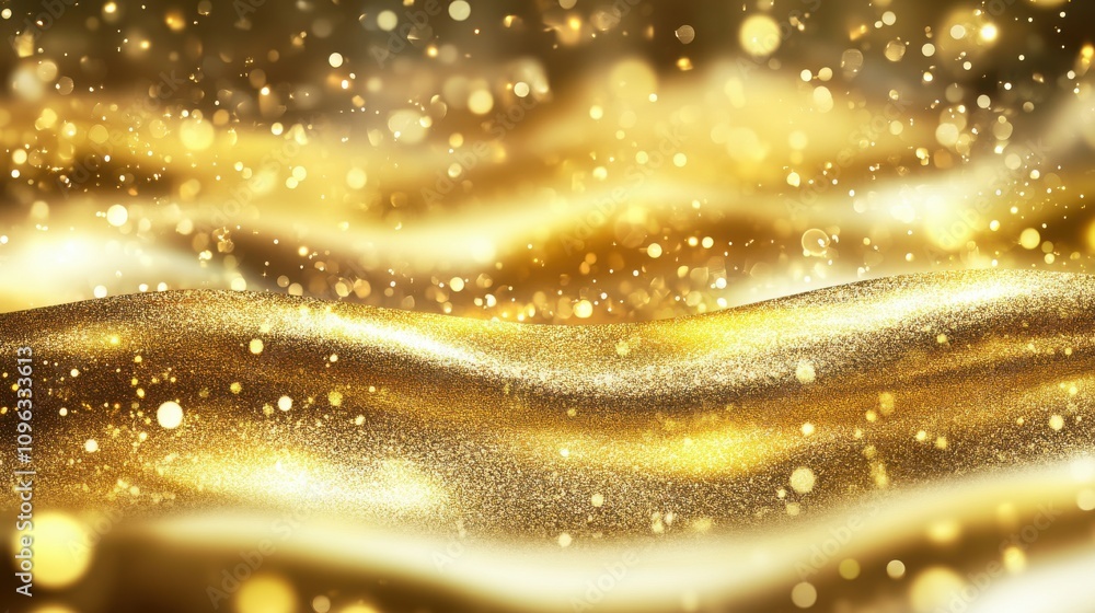 Poster a mesmerizing scene of golden waves shimmering with sparkling lights, creating a festive and luxurio
