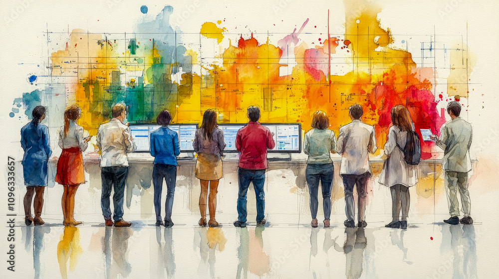 Poster a diverse group of professionals collaborates in a bright office, analyzing data displayed on screen