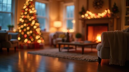 A cozy living room with a Christmas tree and a fireplace