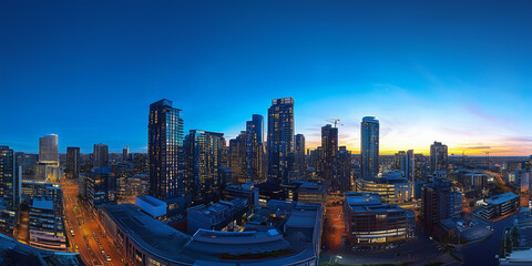 Modern City Skyline with Office Buildings and Drone View at Sunset