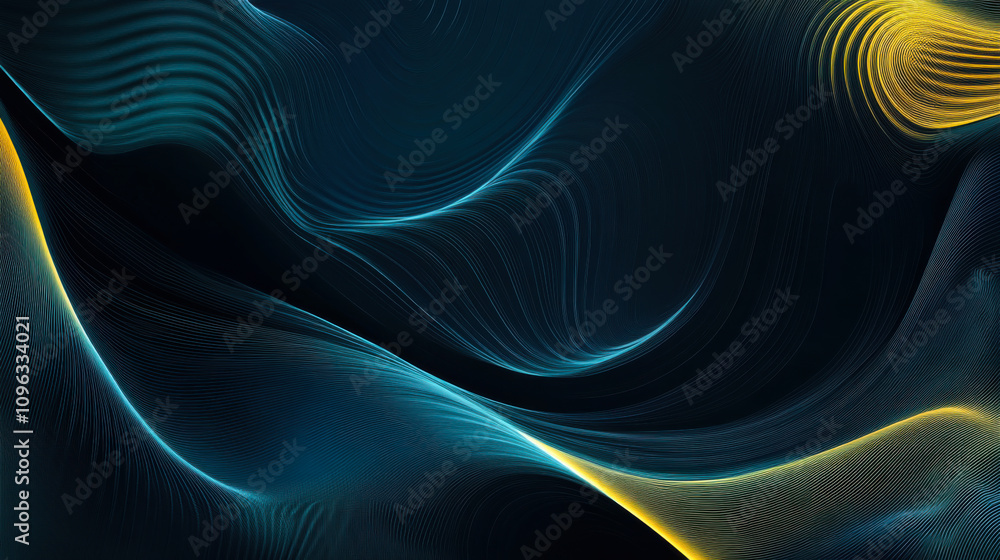 Poster abstract wave patterns with flowing lines in blue and yellow hues creating a captivating visual effe