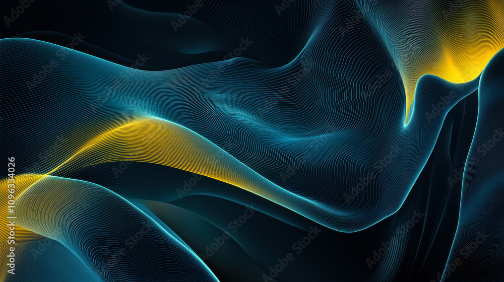 Poster abstract wave patterns with flowing lines in blue and yellow hues creating a captivating visual effe
