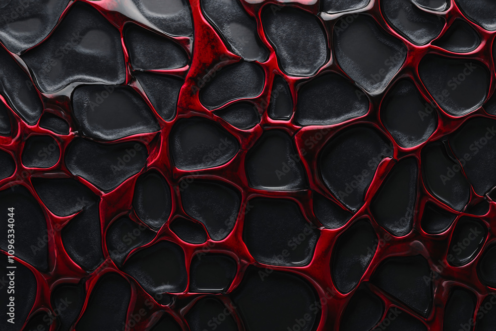 Poster an abstract cellular pattern features glossy black shapes outlined with bold red creating an organic