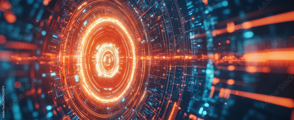 Aufkleber abstract futuristic background with glowing digital elements and circuit board patterns in an orange